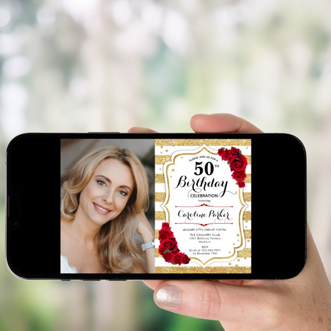 Elegant Gold White Red Roses Photo 50th Birthday Invitation (Front Digital)