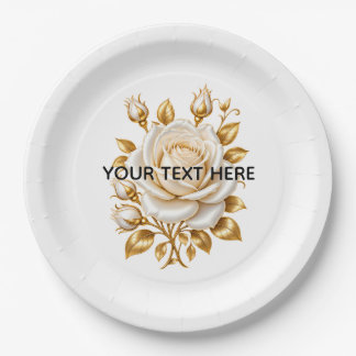 Elegant Gold White Rose Custom Name Paper Plates