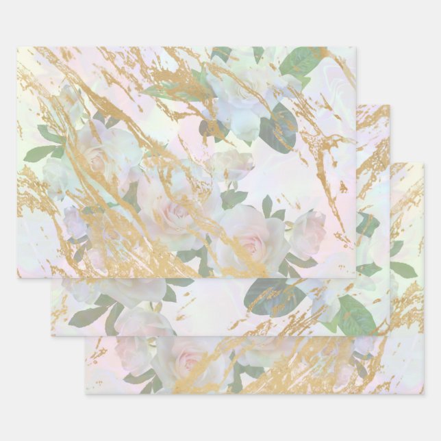 Elegant Gold White Rose Silk Decoupage Design Wrapping Paper Sheets (Set)