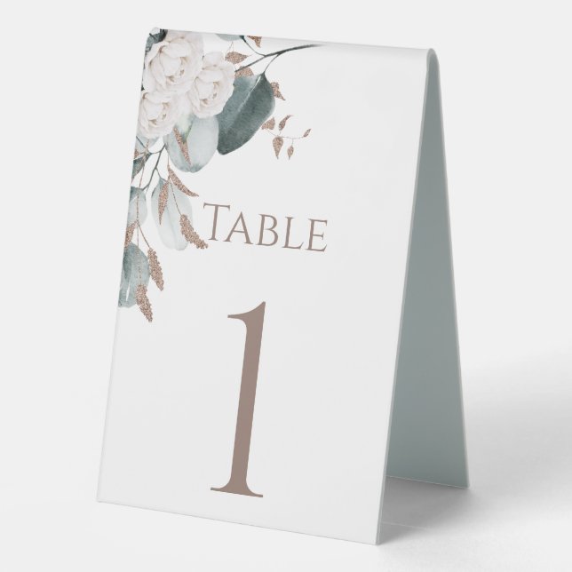 Elegant Gold White Roses Watercolor Greenery Table Tent (Back)