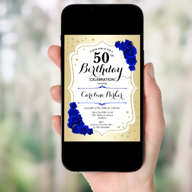 Elegant Gold White Royal Blue Photo 50th Birthday Invitation (Front Digital)