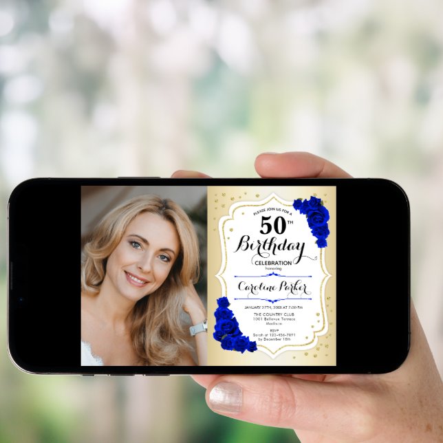 Elegant Gold White Royal Blue Photo 50th Birthday Invitation (Front Digital)