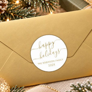 Elegant Gold White Script Happy Holidays Family Classic Round Sticker