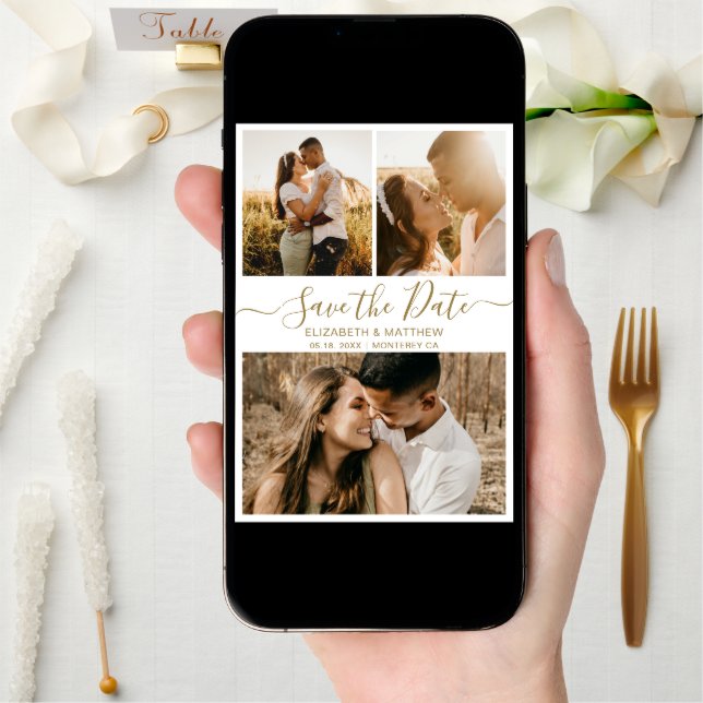 Elegant Gold White Script Photo Collage Wedding Save The Date (Front Digital)