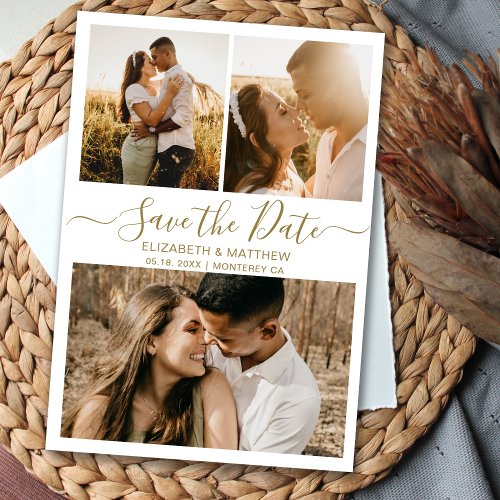 Elegant Gold White Script Photo Collage Wedding Save The Date