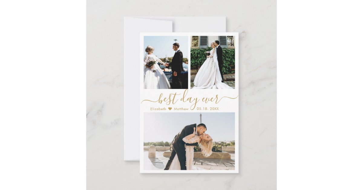 Elegant Gold White Script Photo Collage Wedding Thank You Card | Zazzle