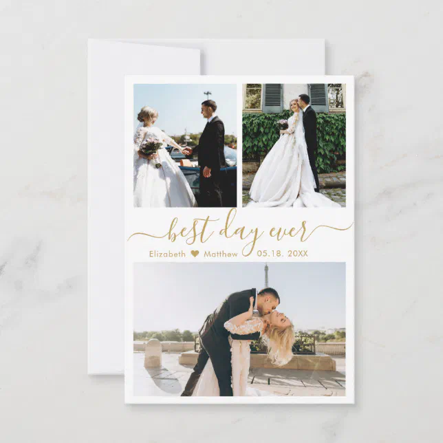 Elegant Gold White Script Photo Collage Wedding Thank You Card | Zazzle