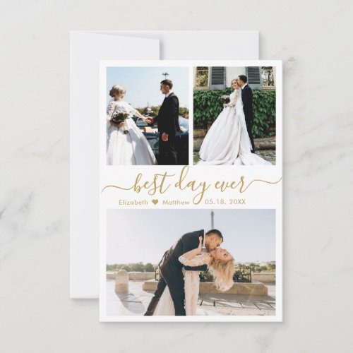 Elegant Gold White Script Photo Collage Wedding Thank You Card