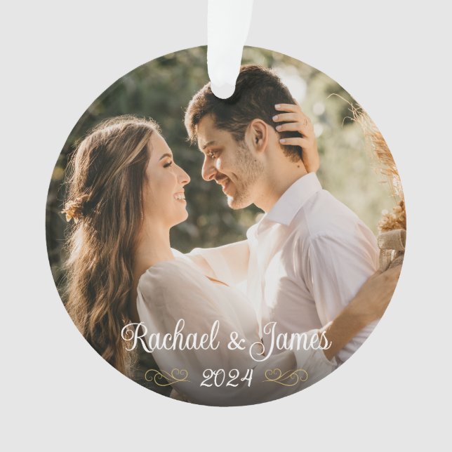 Elegant Gold White Script Wedding Monogram Photo Ornament (Front)