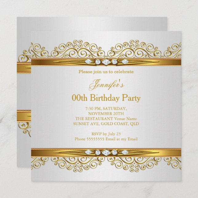 Elegant Gold White Silver Diamond Birthday Invitation (Front/Back)