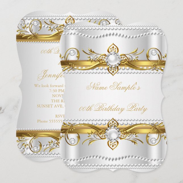 Elegant Gold White Silver Pearl Silk Birthday Invitation (Front/Back)