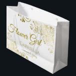 Elegant Gold & White Simple Flower Girl Wedding Large Gift Bag<br><div class="desc">This beautiful gift bag is designed as a wedding gift or favor bag for Flower Girls. Designed to coordinate with our Gold Foil Elegant Wedding Suite, it features a gold faux foil flourish border with the text "Flower Girl" as well as a place to enter her name, the couple's name,...</div>