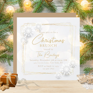 Elegant Gold White Snowflake Christmas Brunch Invitation