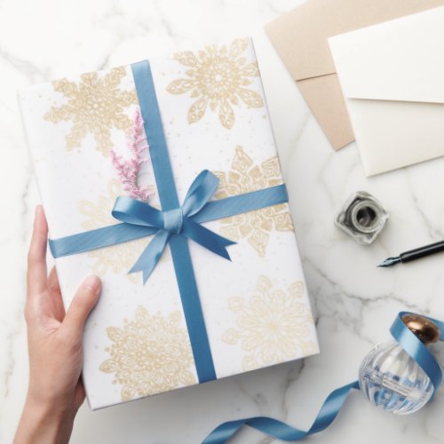 Elegant Gold  White Snowflake Christmas Pattern Wrapping Paper