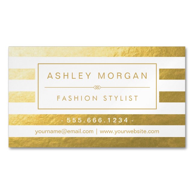Elegant Gold White Stripes - Luxury and Stylish Business Card Magnet (Front)