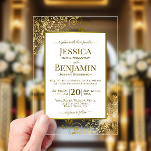Elegant Gold & White Stylish Text Posh Wedding Acrylic Invitations