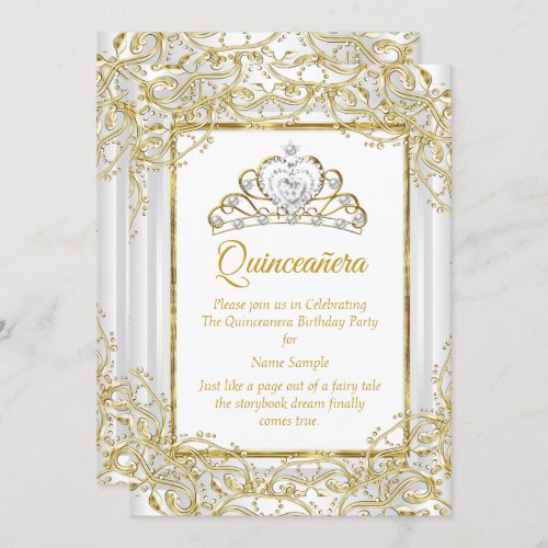 Elegant Gold White Tiara Princess Quinceanera Invitation
