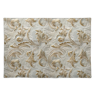Elegant gold white tooled leather floral cloth placemat