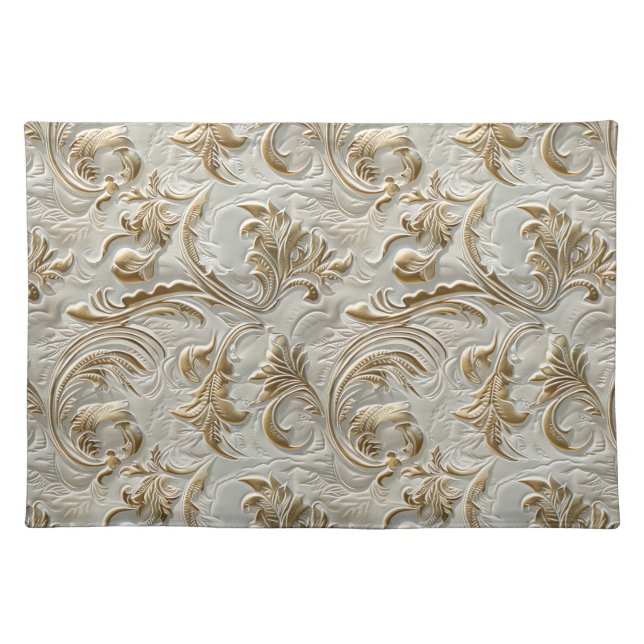 Elegant gold white tooled leather floral cloth placemat (Front)