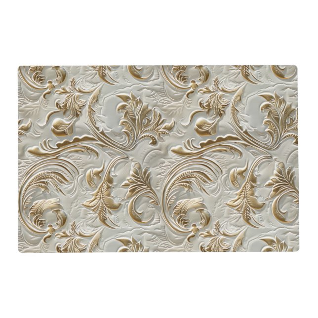 Elegant gold white tooled leather floral placemat (Front)