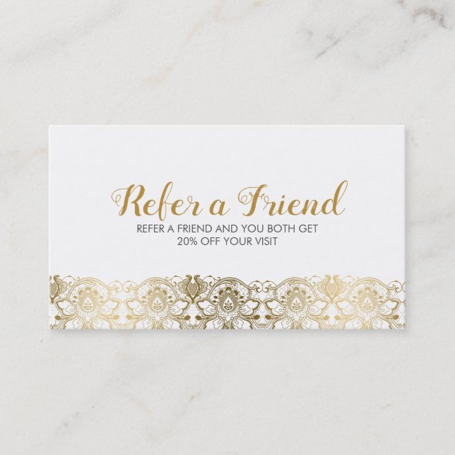 Elegant Gold & White traditiona Lace Referral Card (Front)