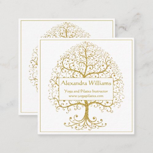 Elegant Gold White Tree of Life Personalized Square Business Card