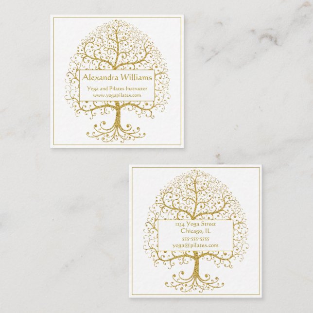 Elegant Gold White Tree of Life Personalized Square Business Card (Front/Back)