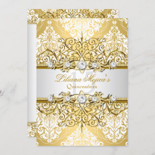Elegant Gold White Vintage Glamour Quinceanera 4 Invitation