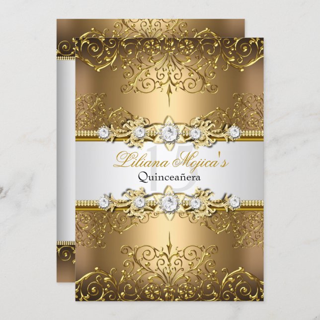 Elegant Gold White Vintage Glamour Quinceanera Invitation (Front/Back)