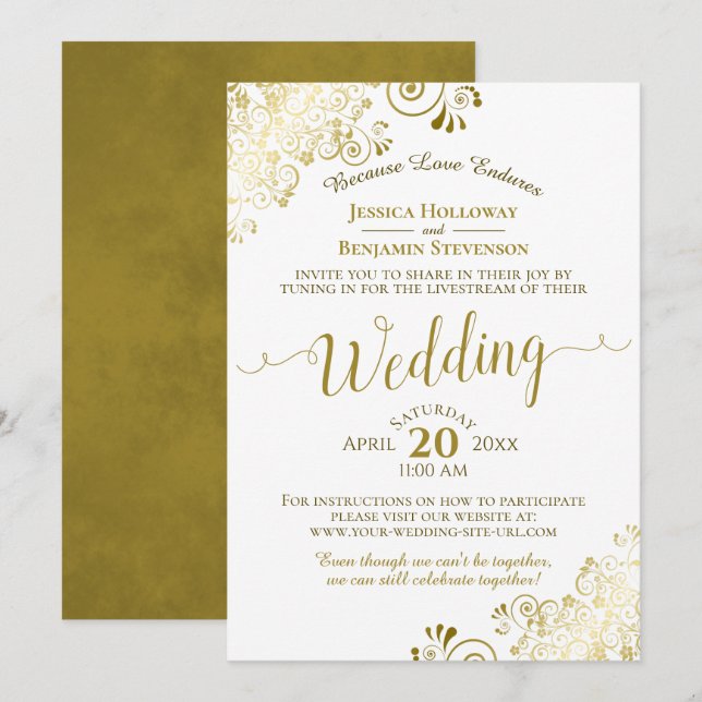 Elegant Gold & White Virtual Wedding Livestream Invitation (Front/Back)