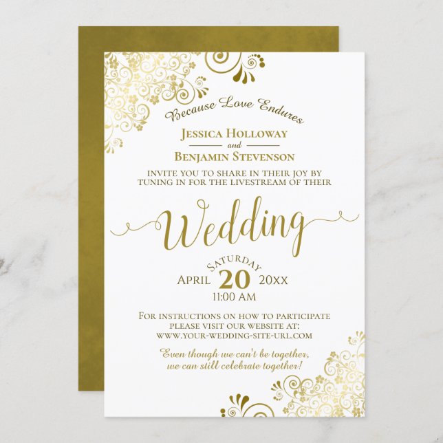 Elegant Gold & White Virtual Wedding Livestream Invitation (Front/Back)