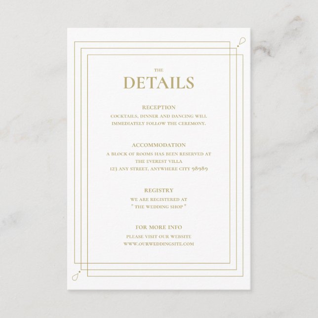 Elegant Gold & White Wedding Details Enclosure Card (Front)