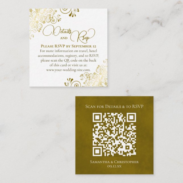 Elegant Gold & White Wedding Details RSVP QR Code Enclosure Card (Front/Back)