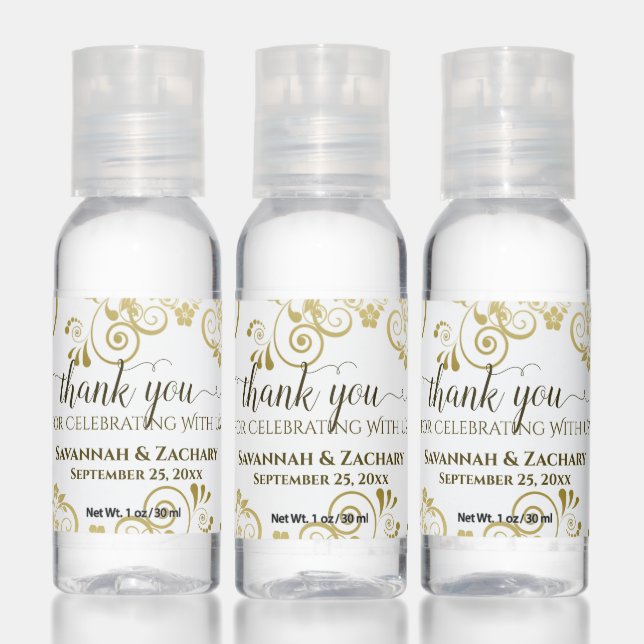 Elegant Gold & White Wedding Favor Thank You Hand Sanitizer (Set)