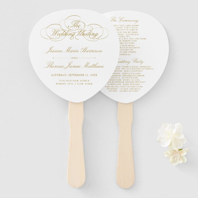 Elegant Gold & White Wedding Program Template Hand Fan (Front and Back)
