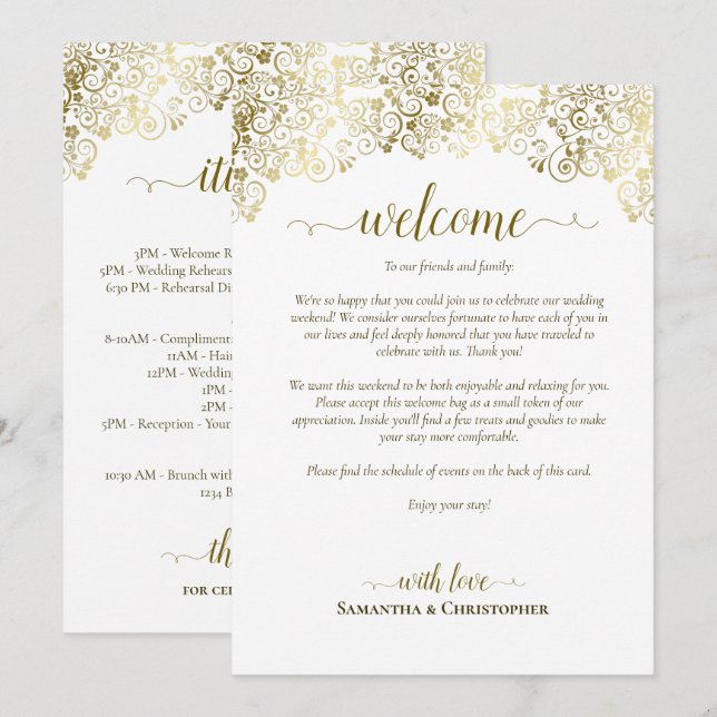 Elegant Gold & White Wedding Welcome & Itinerary Program (Front/Back)