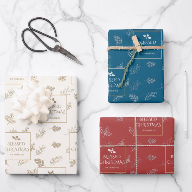 Elegant Gold White Winter Leaves Mistletoe Wrapping Paper Sheets (Front)
