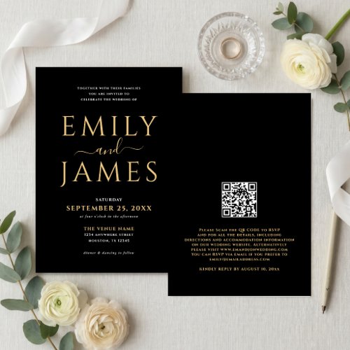 Elegant Gold White Writing QR Code Wedding Black Invitation