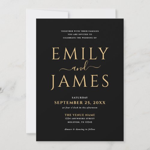 Elegant Gold White Writing QR Code Wedding Black Invitation