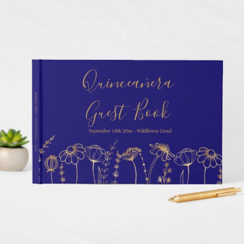 Elegant Gold Wildflower Sketch Blue Quinceanera Guest Book