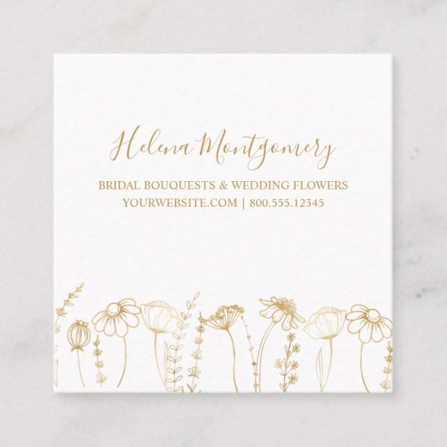 Elegant Gold Wildflower Sketch Feminine Square Business Card (Front)