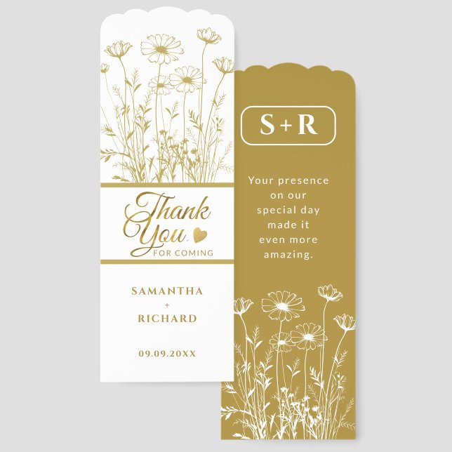  Elegant Gold Wildflowers Floral Wedding Thank You Bookmarks (Front & Back)