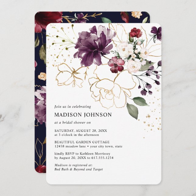 Elegant Gold Wine Burgundy Floral Bridal Shower Invitation (Front/Back)