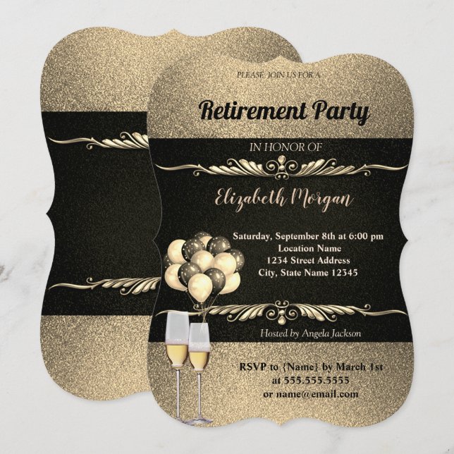 Elegant Gold Wine Glas , Ballons, Retirement Party Invitation (Front/Back)