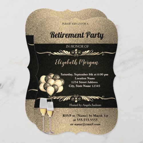 Elegant Gold Wine Glas  Ballons Retirement Party Invitation