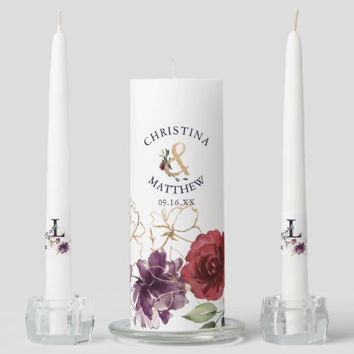 Elegant Gold Wine Purple Floral Wedding Unity Candle Set