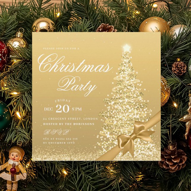 Elegant Gold Winter Christmas Tree Bow  Invitation (Elegant Gold Winter Christmas Tree Bow Invitation)