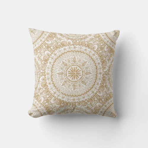 Elegant Gold Winter Flower Mandala White Pattern Throw Pillow