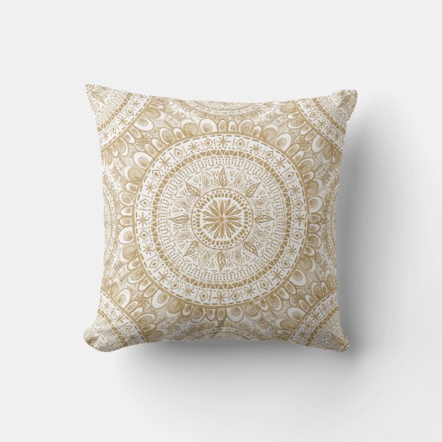 Elegant Gold Winter Flower Mandala White Pattern Throw Pillow (Front)