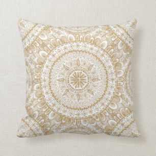 Elegant Gold Winter Flower Mandala White Pattern Throw Pillow